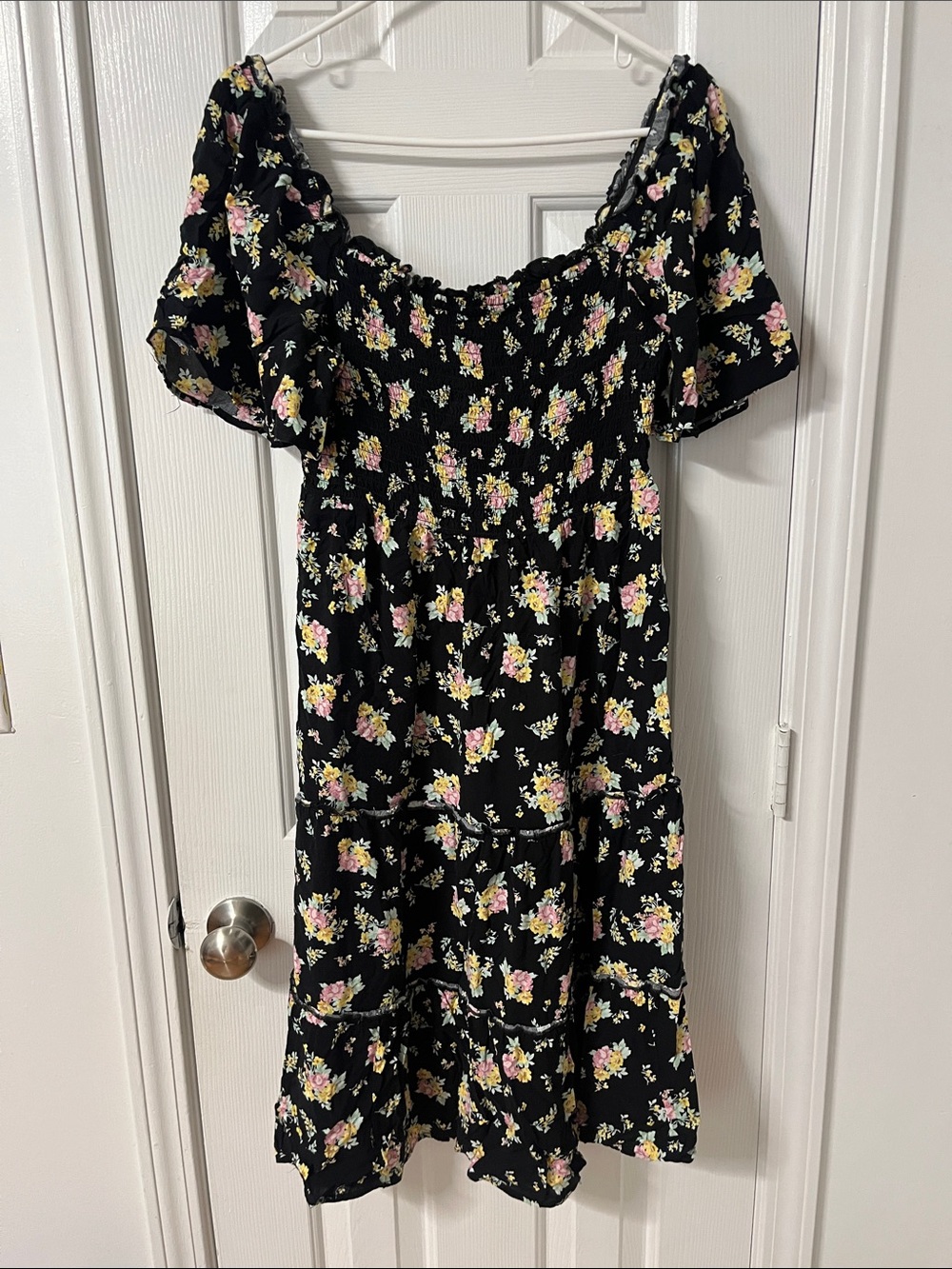 As U Wish Black Floral Midi Dress with Pink and Yellow Blossoms
